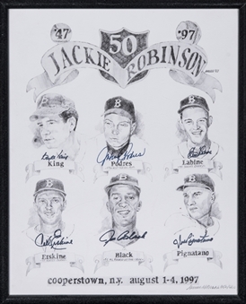 Brooklyn Dodgers Multi Signed 1997 Jackie Robinson 50th Anniversary Litho With 6 Signatures - LE 356/400 (JSA)
